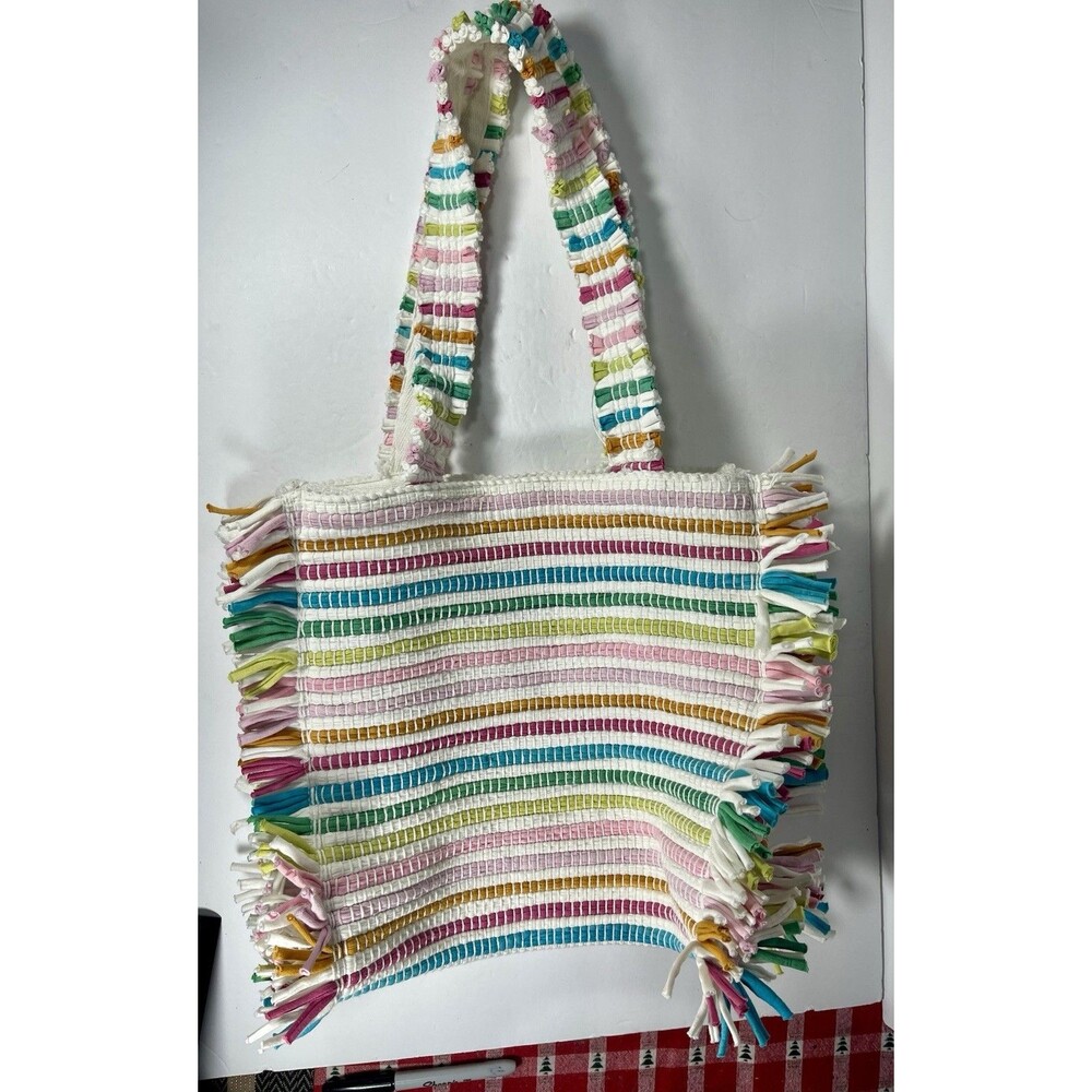 Shiraleah Chicago Recycled Cotton Rag Tote Bag Multi-Color Striped Boho Fringe - Picture 12 of 14